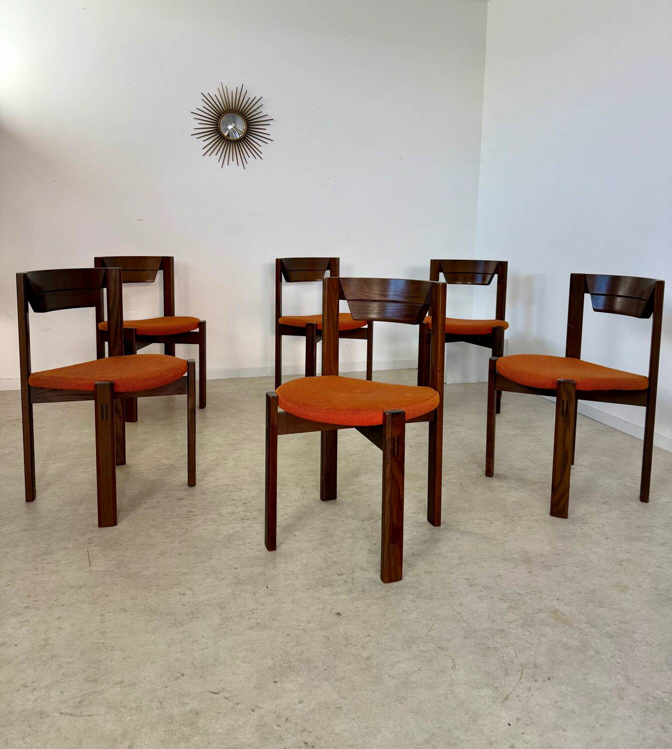 Set of 6 Girsberger Scandinavian style chairs from the 70s, vintage, solid wood, original fabric