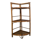 Antique corner unit in patinated rattan and caning, vintage corner shelf.