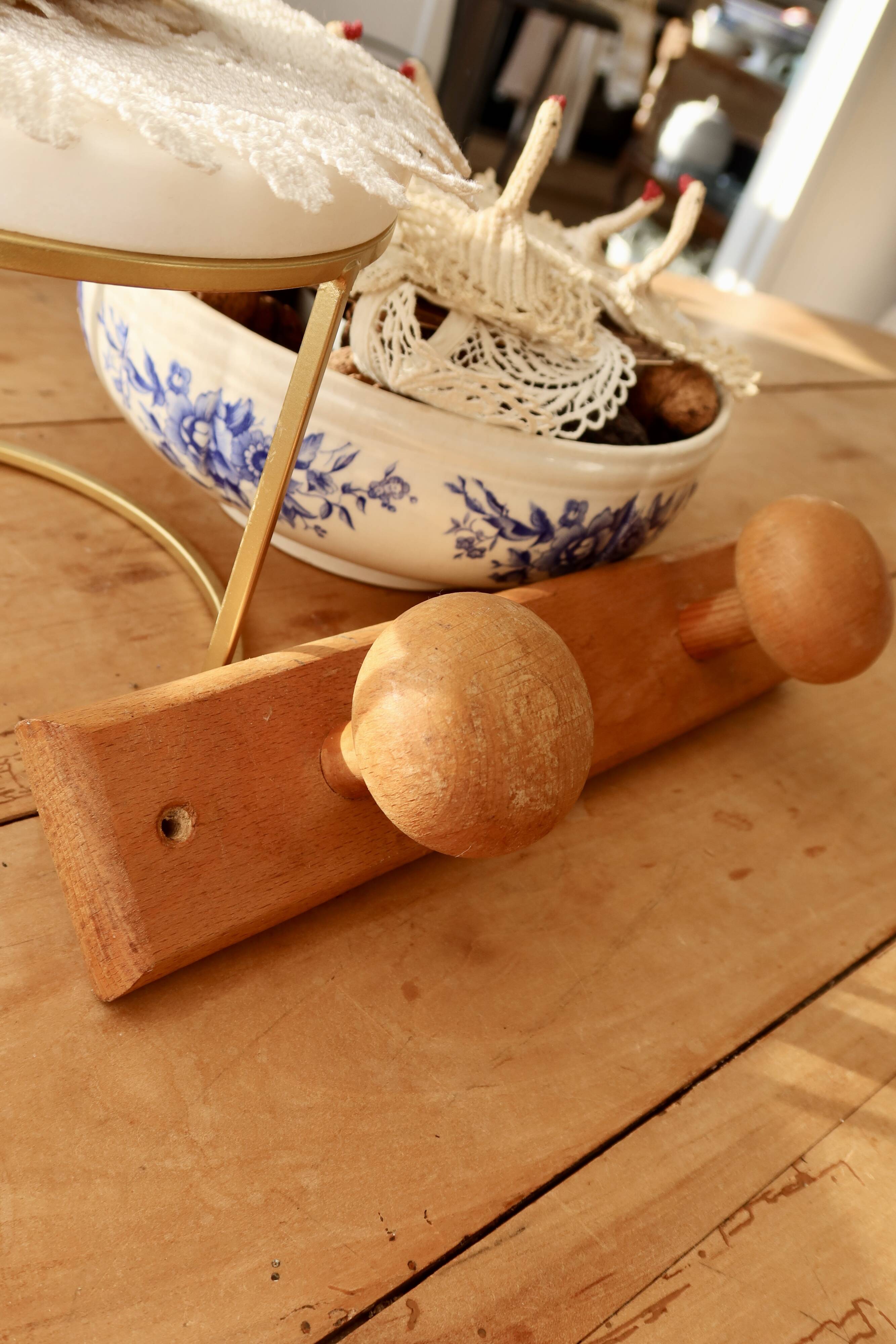 Vintage wall coat rack in pine with 2 hooks.