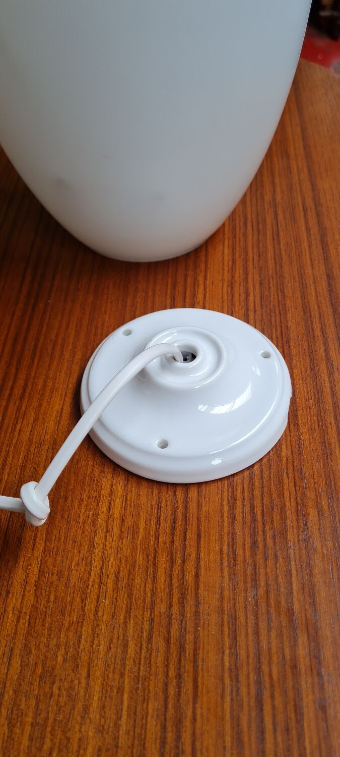 Oval pendant light in white opaline 1960