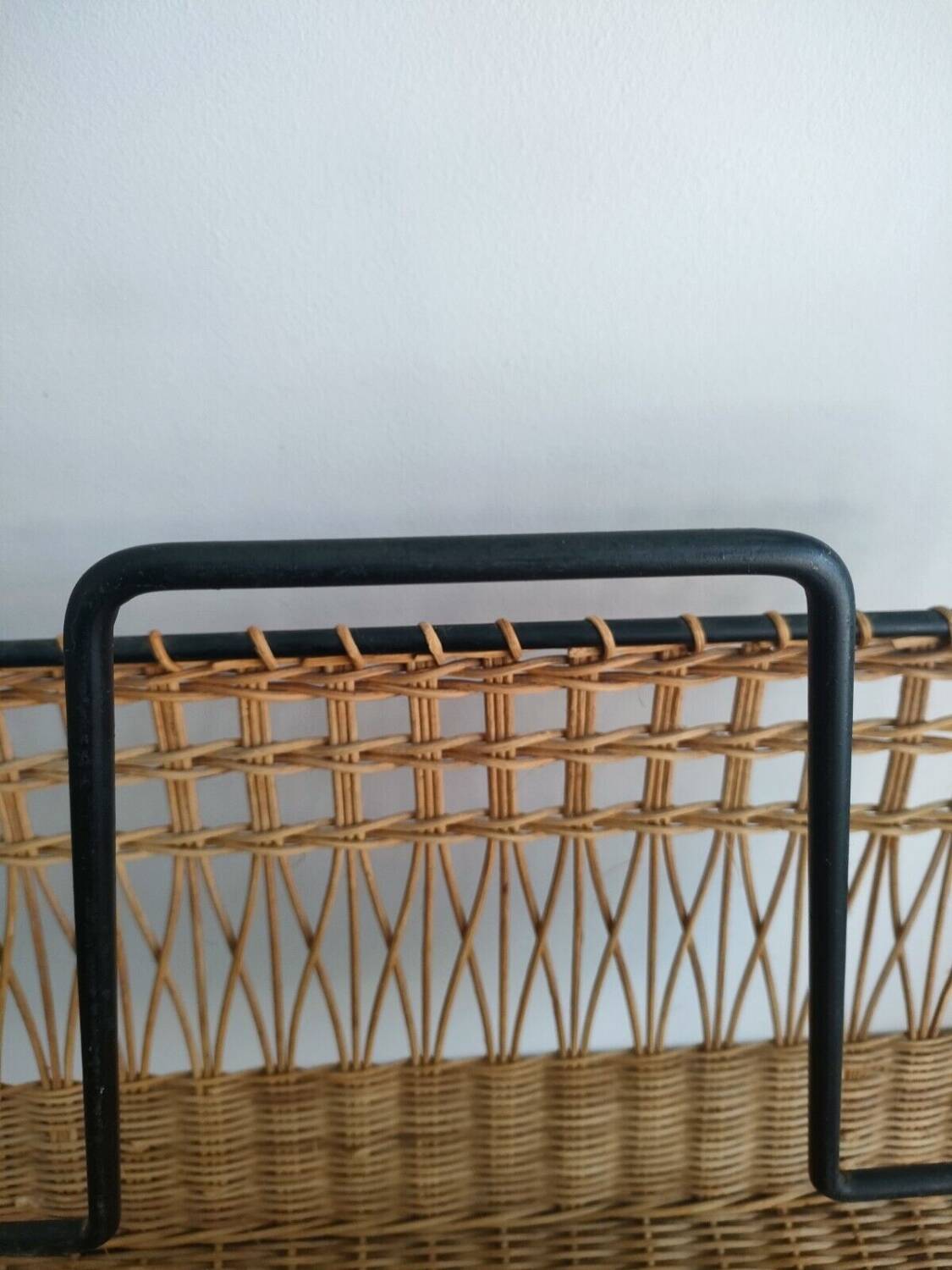 Iron and Rattan Magazine Rack - 1960s - Vintage