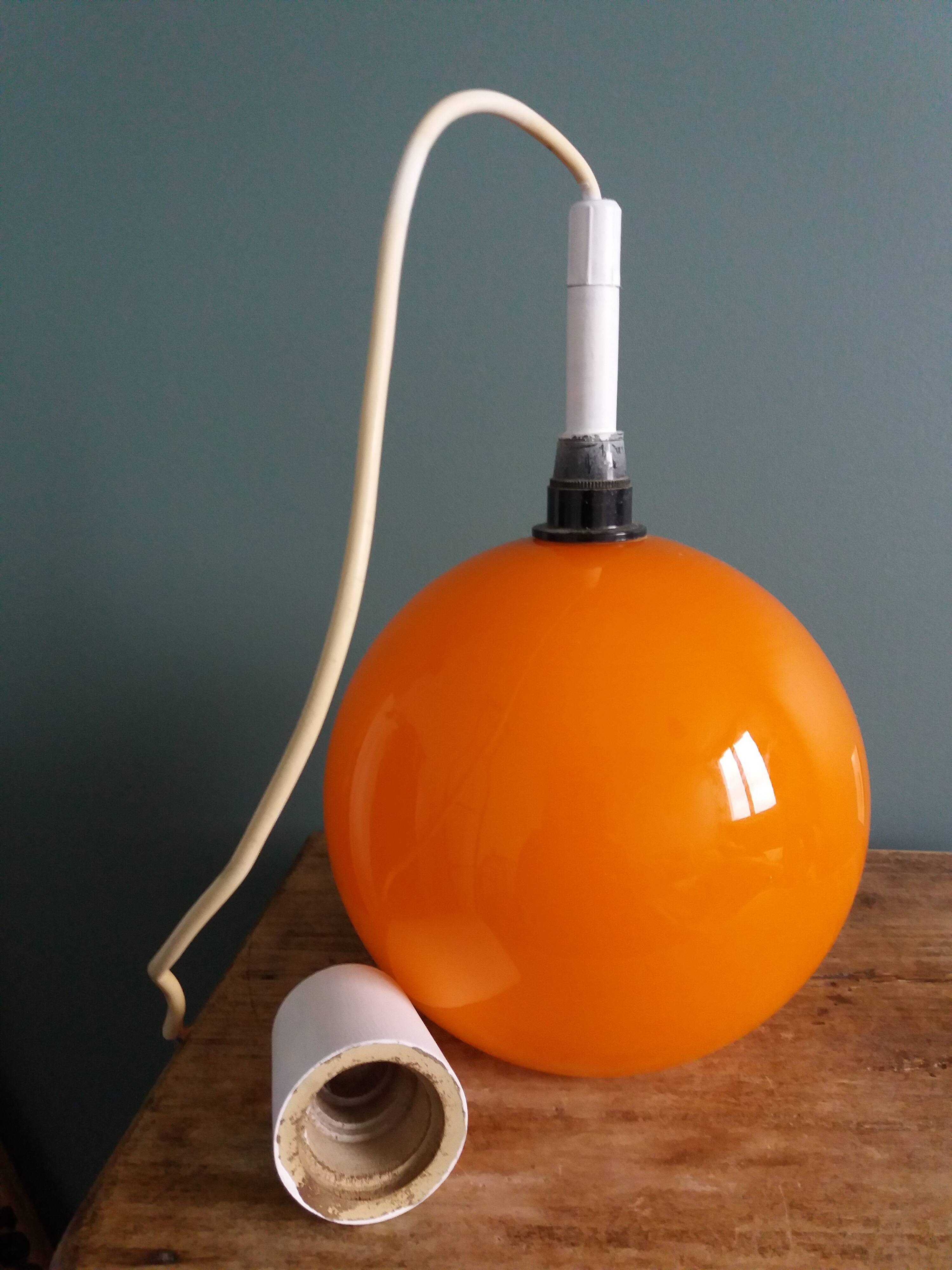 70s space age orange glass globe ball pendant light
