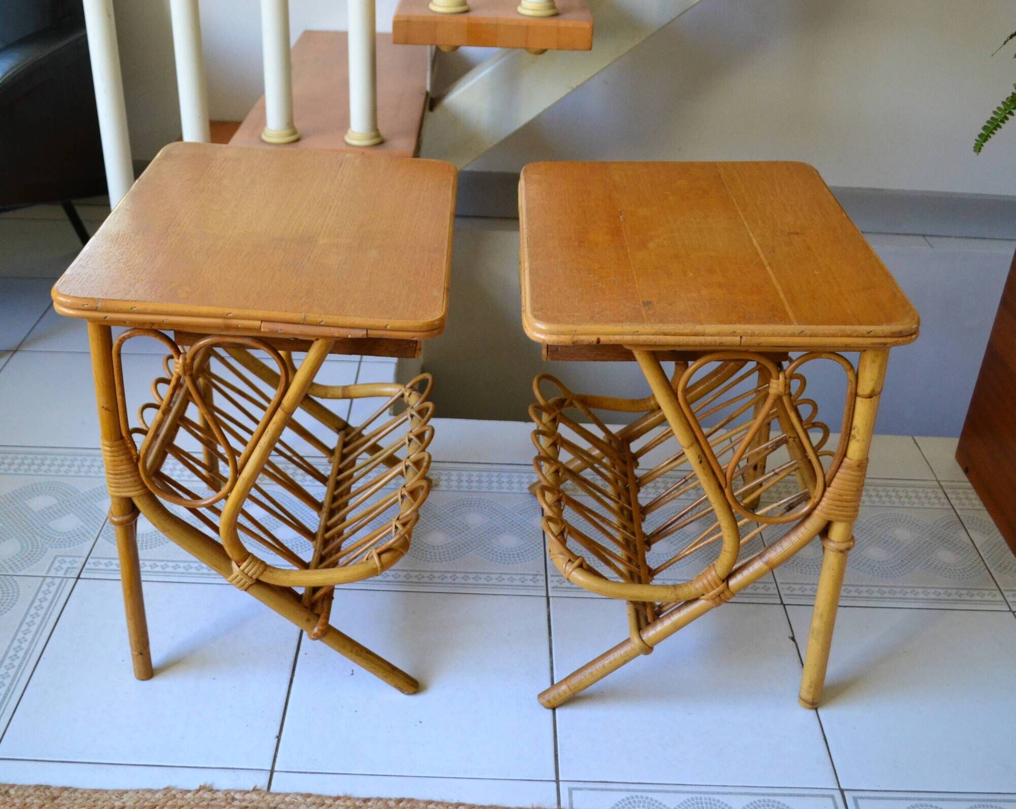 Pair of bamboo rattan bedside tables from the 70s.