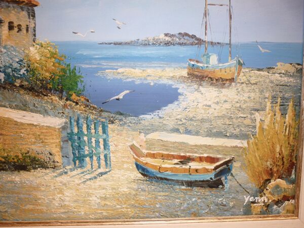 Huile sur toile d’un bateau sur l’estran signée Yann 55X45