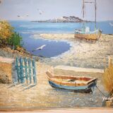 Huile sur toile d’un bateau sur l’estran signée Yann 55X45
