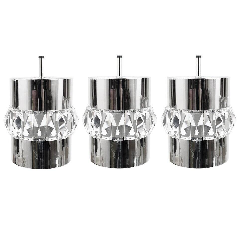Three Bakalowits pendant lamps in nickel, brass, and faceted crystal, Austria, 1950s.