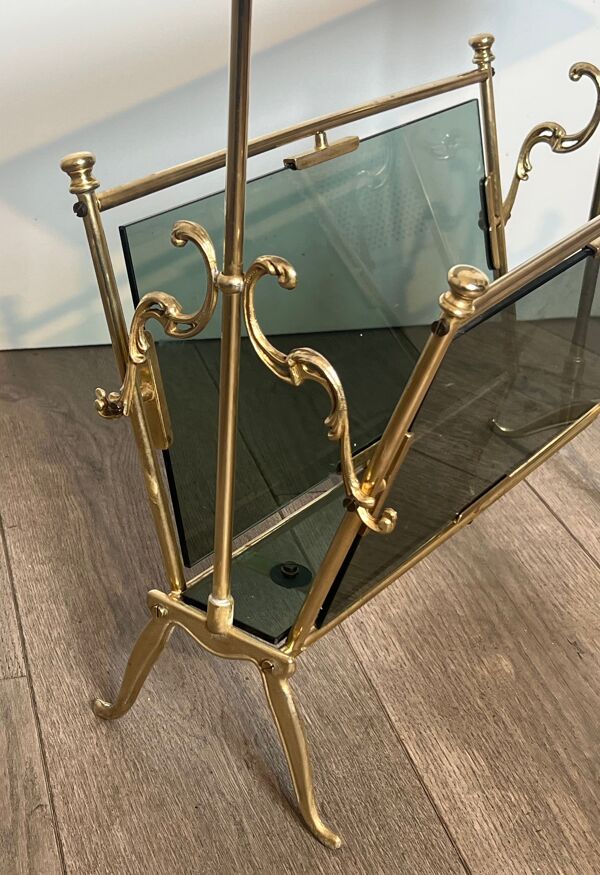 Porte-revues en laiton et verres bleutés