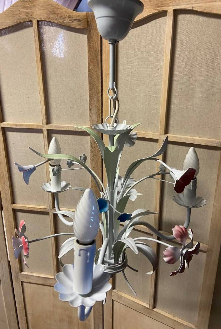 Antique florentine ceiling chandelier floral bouquet design 1970 decorative art sheet metal