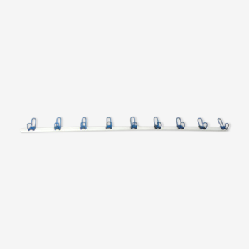 School wall coat rack - white and blue lacquered metal cloakroom 9 hooks