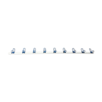 School wall coat rack - white and blue lacquered metal cloakroom 9 hooks