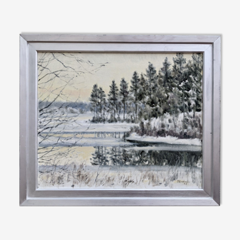 Peinture à l’huile de paysage de forêt de neige suédoise « Crisp », encadrée