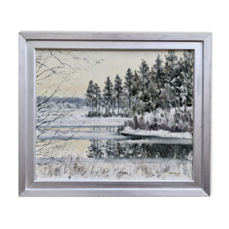 Peinture à l’huile de paysage de forêt de neige suédoise « Crisp », encadrée