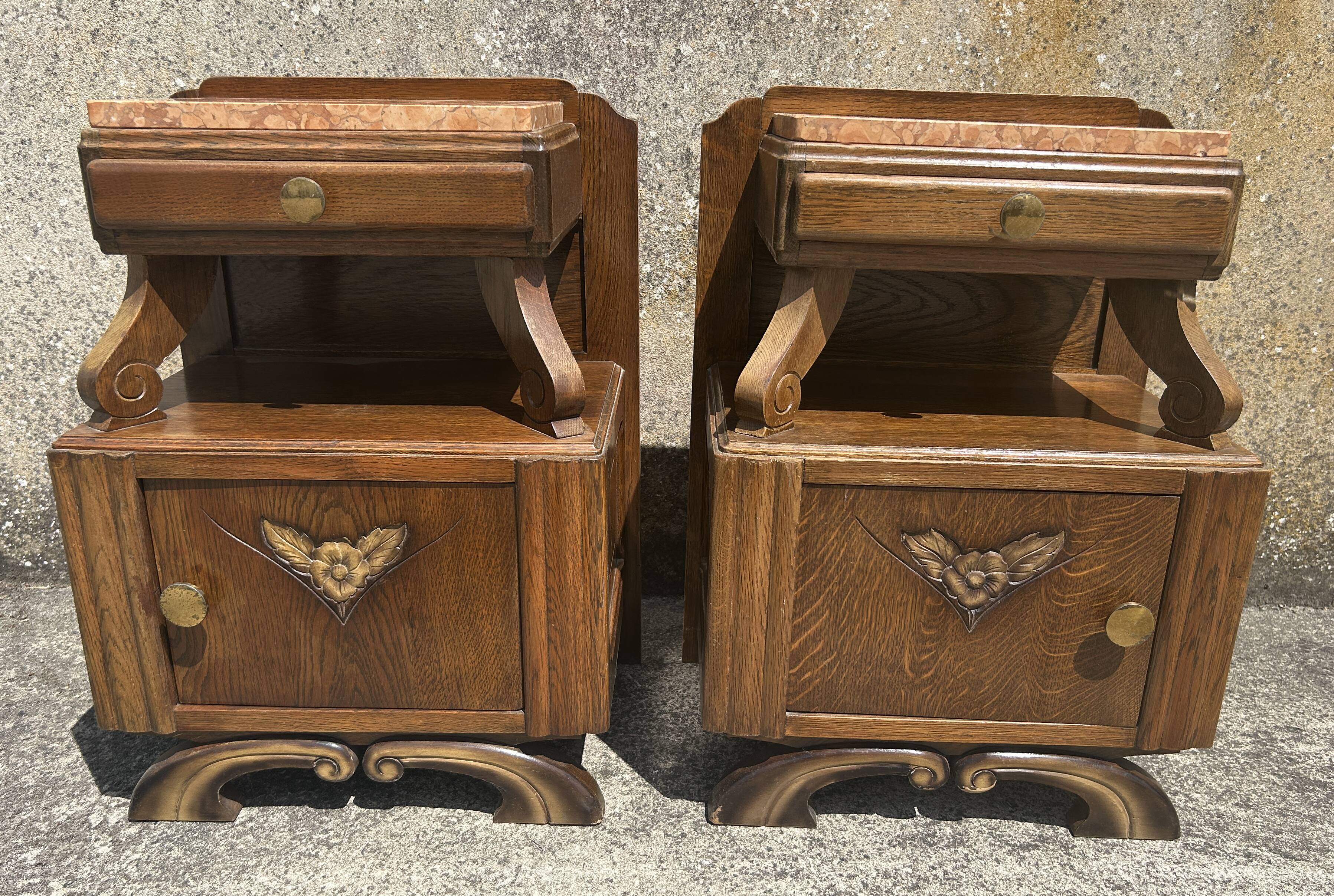 Pair of bedside tables, 1930s, 1940s, solid wood and marble