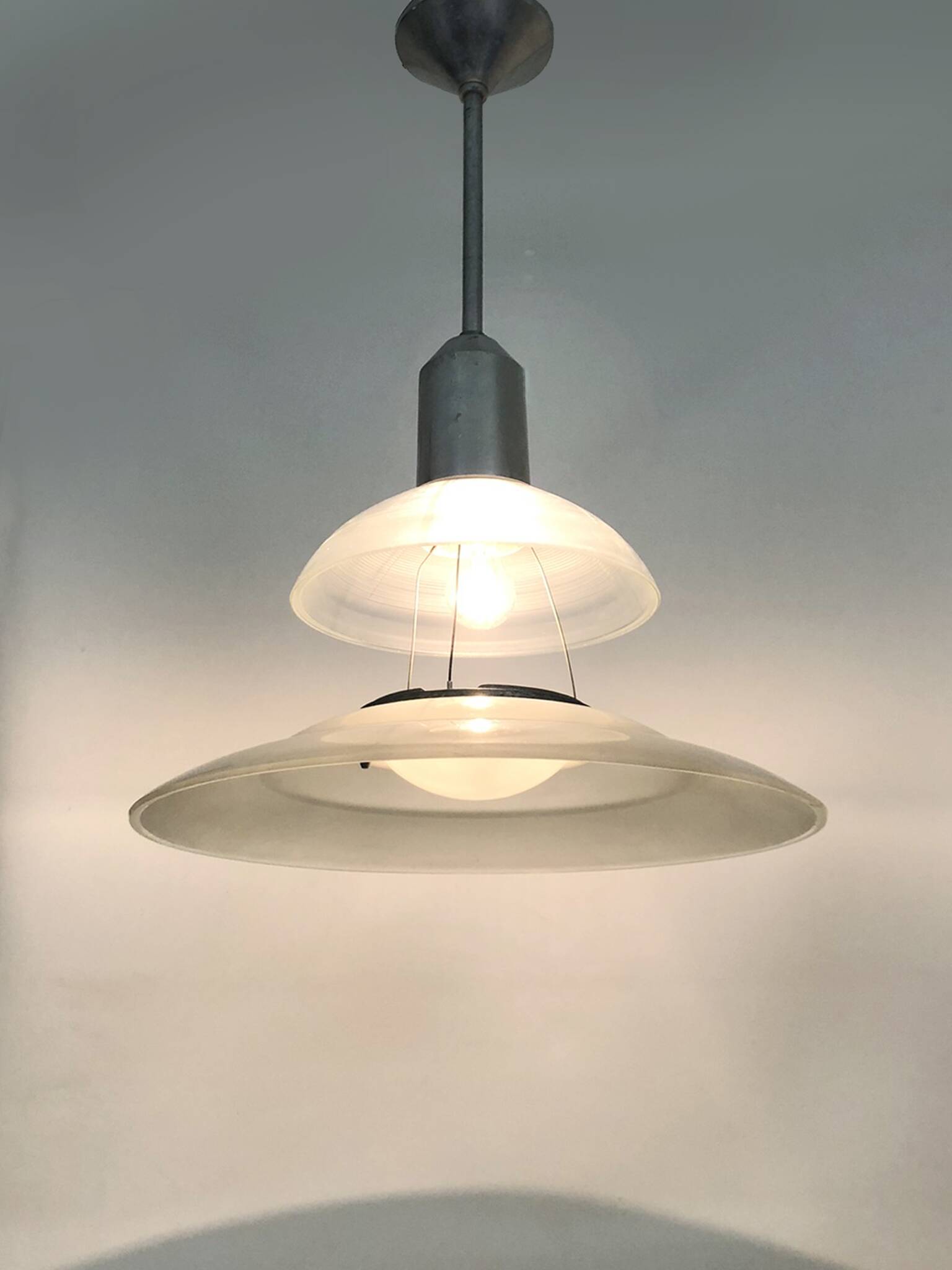 Chandelier, Space Age Flying Saucer Pendant Light, Holophane Style, Industrial Glass. 70s