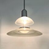 Chandelier, Space Age Flying Saucer Pendant Light, Holophane Style, Industrial Glass. 70s