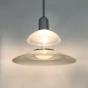 Chandelier, Space Age Flying Saucer Pendant Light, Holophane Style, Industrial Glass. 70s