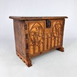 Antique Oak Chest with Carved Gothic Panel, 1900s