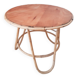 Vintage rattan round table, desk, tripod legs