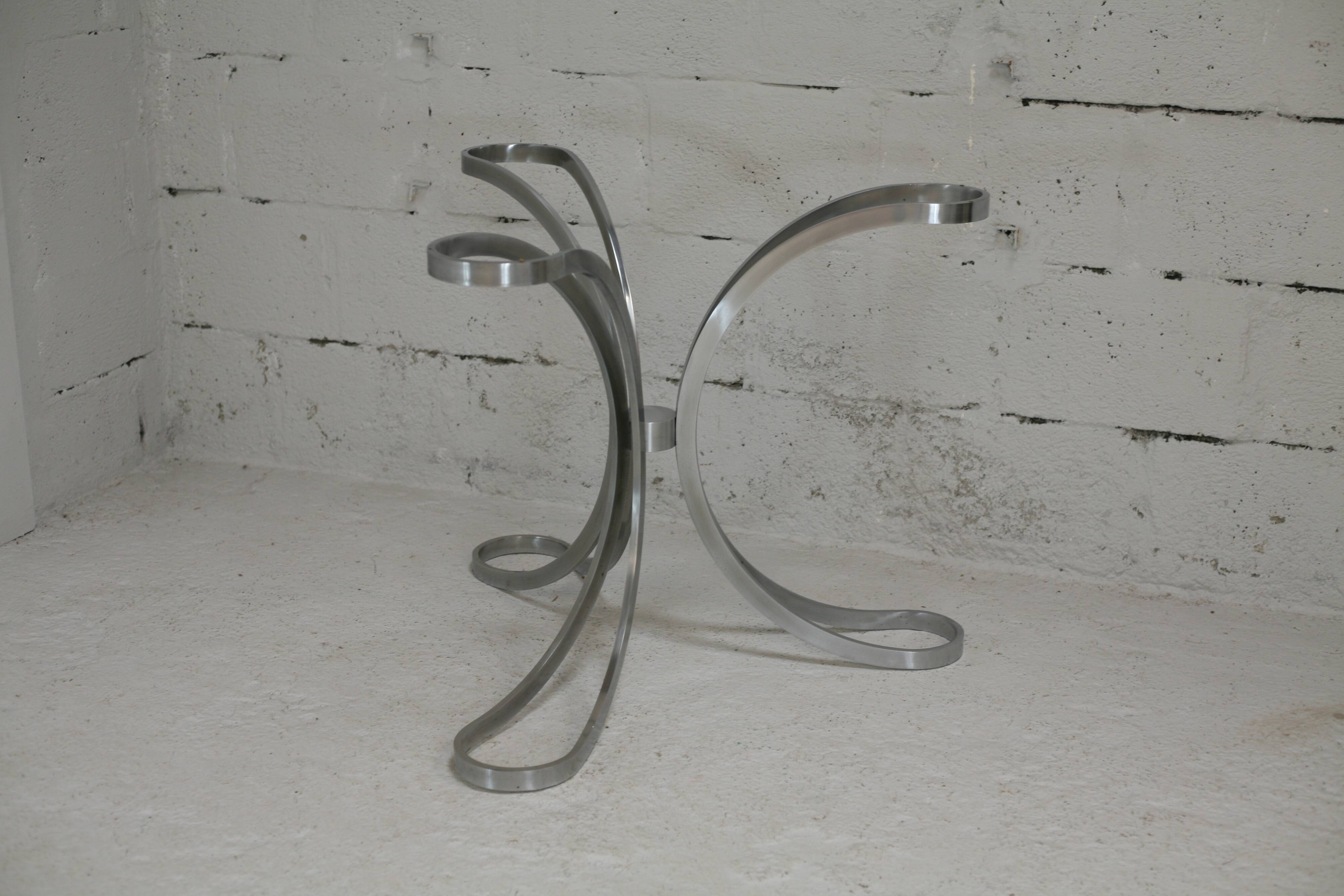 Living room table "Space Age" polished steel, circular slab smoked glass. France, circa 1970.