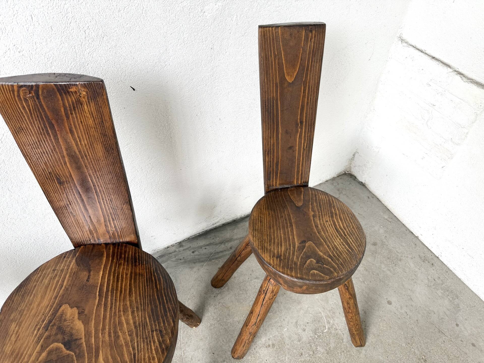 Set of three alpine chairs in solid pine, France, 1950s.