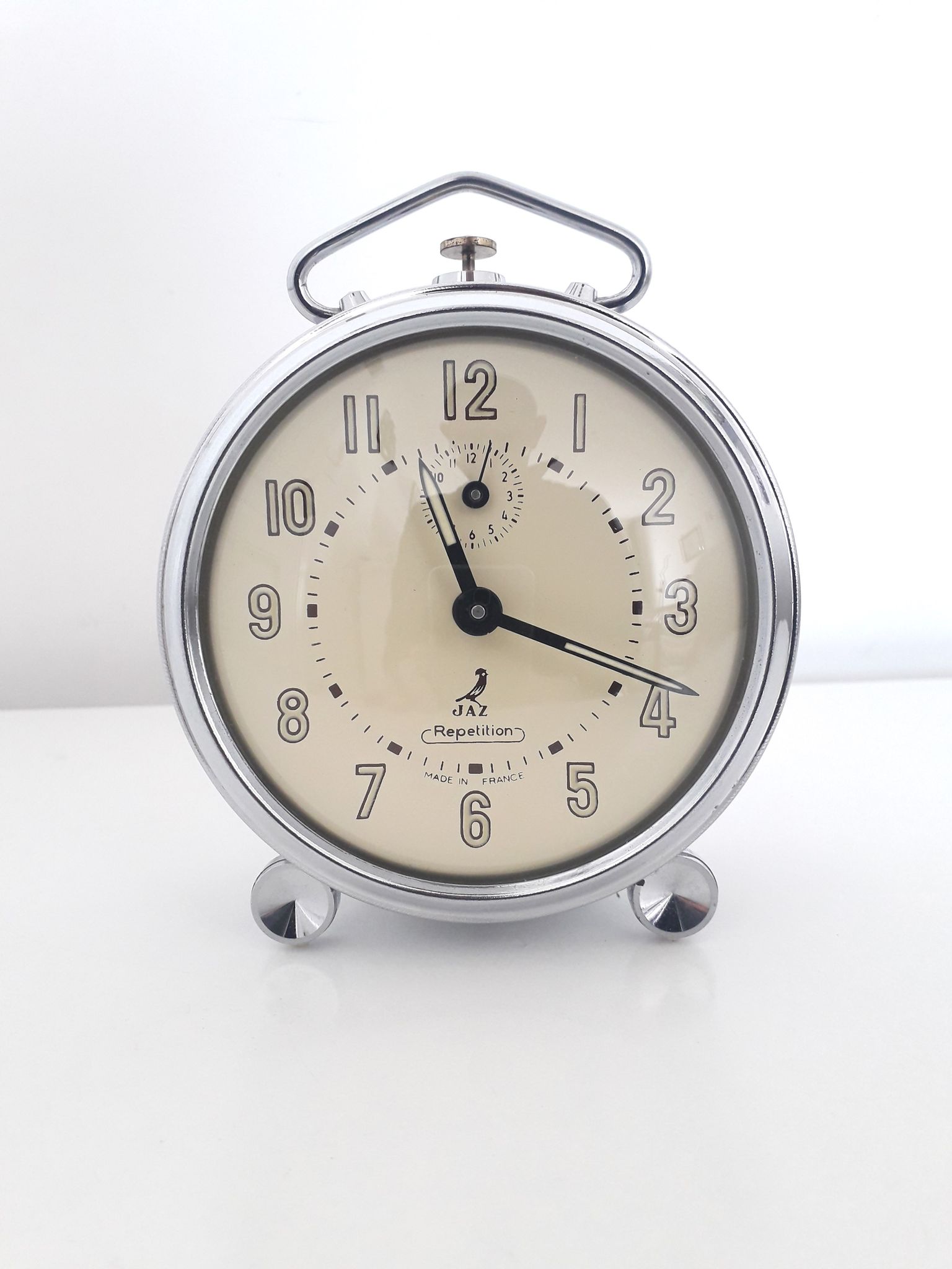 Old mechanical alarm clock jaz ruzic ''repetition'' chrome metal, 1965