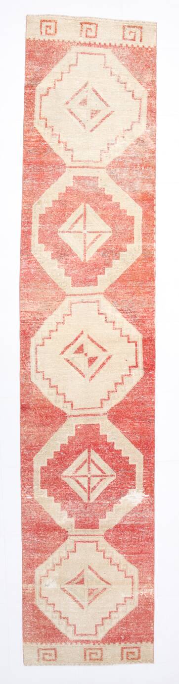 3x13 Vintage Soft Red & Beige Turkish Runner Rug, 77x379Cm