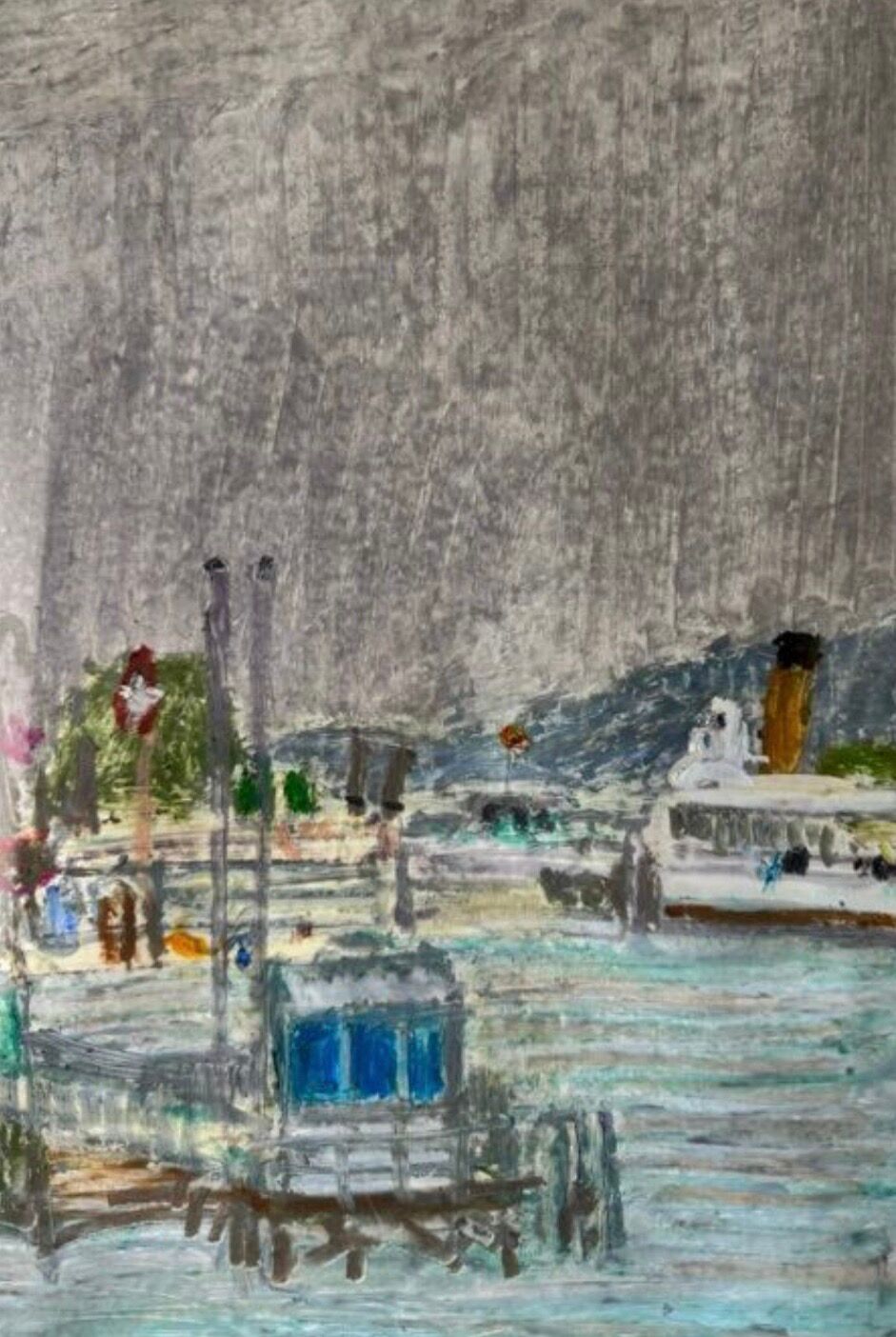 Tableau Marine. Original pastel signed by Henri Reiter. Port Normandie.