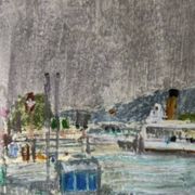 Tableau Marine. Original pastel signed by Henri Reiter. Port Normandie.