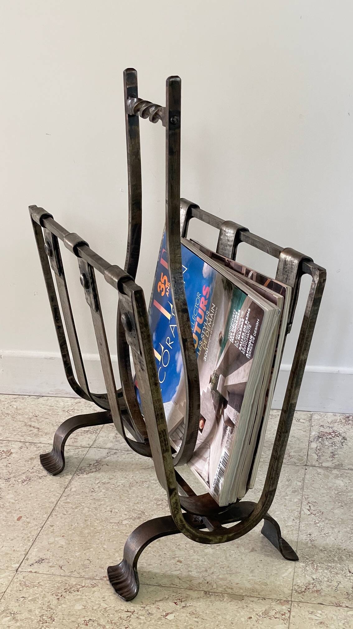 Brutalist vintage steel magazine rack