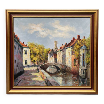 Landscape signed "View of Bruges." Oil on canvas. Signed Mees.
