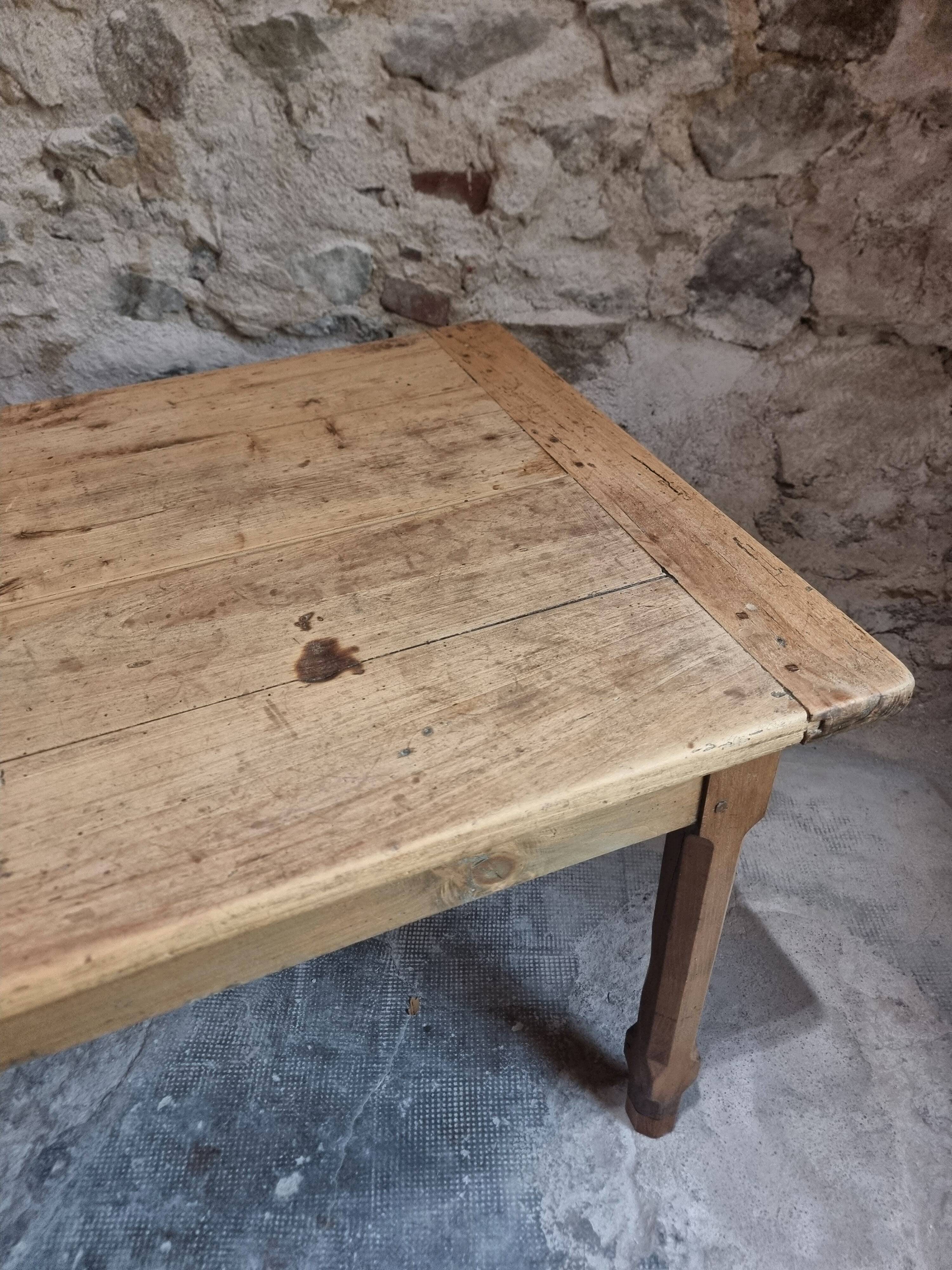 Old farmhouse dining table, rustic kitchen, poplar top, chestnut base, two drawers, 1800–1850.