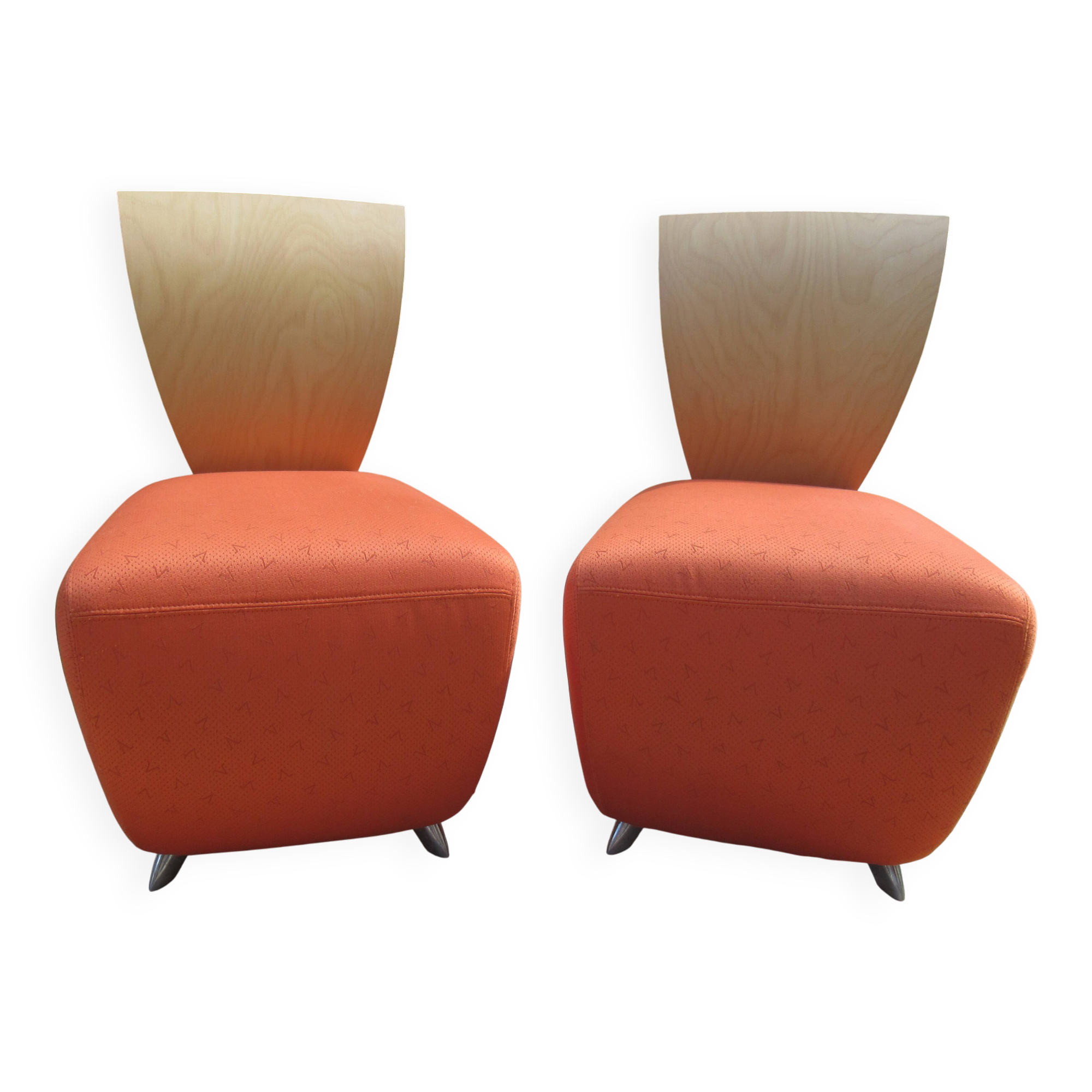 2 fauteuils en bois et tissu orange