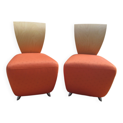 2 fauteuils en bois et tissu orange