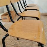 Series of 4 wooden and metal school chairs