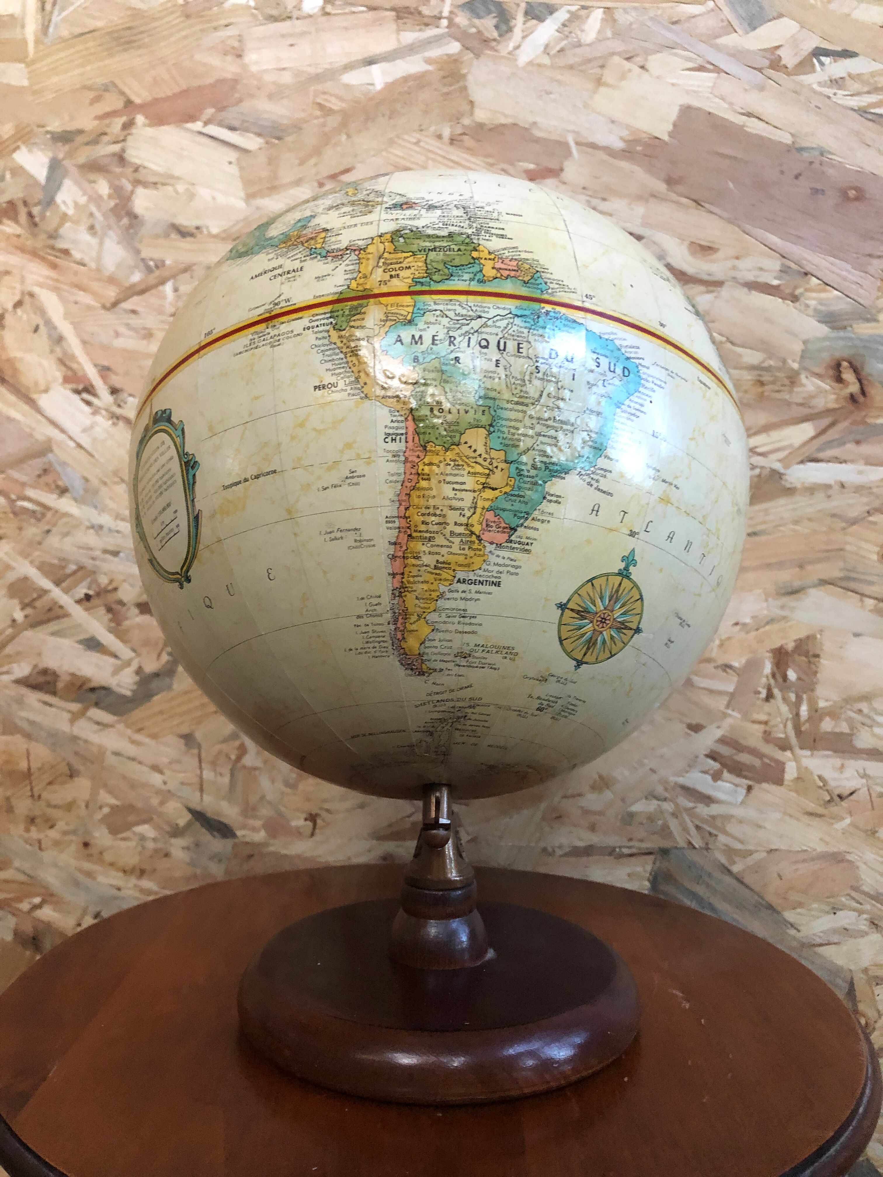 Old globe world map with arch + vintage wood base