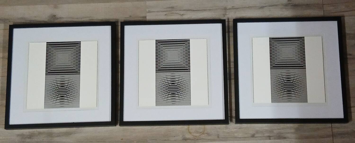 Vintage Optical Art Triptych - Victor Vasarely - 3 Frames 40x40cm