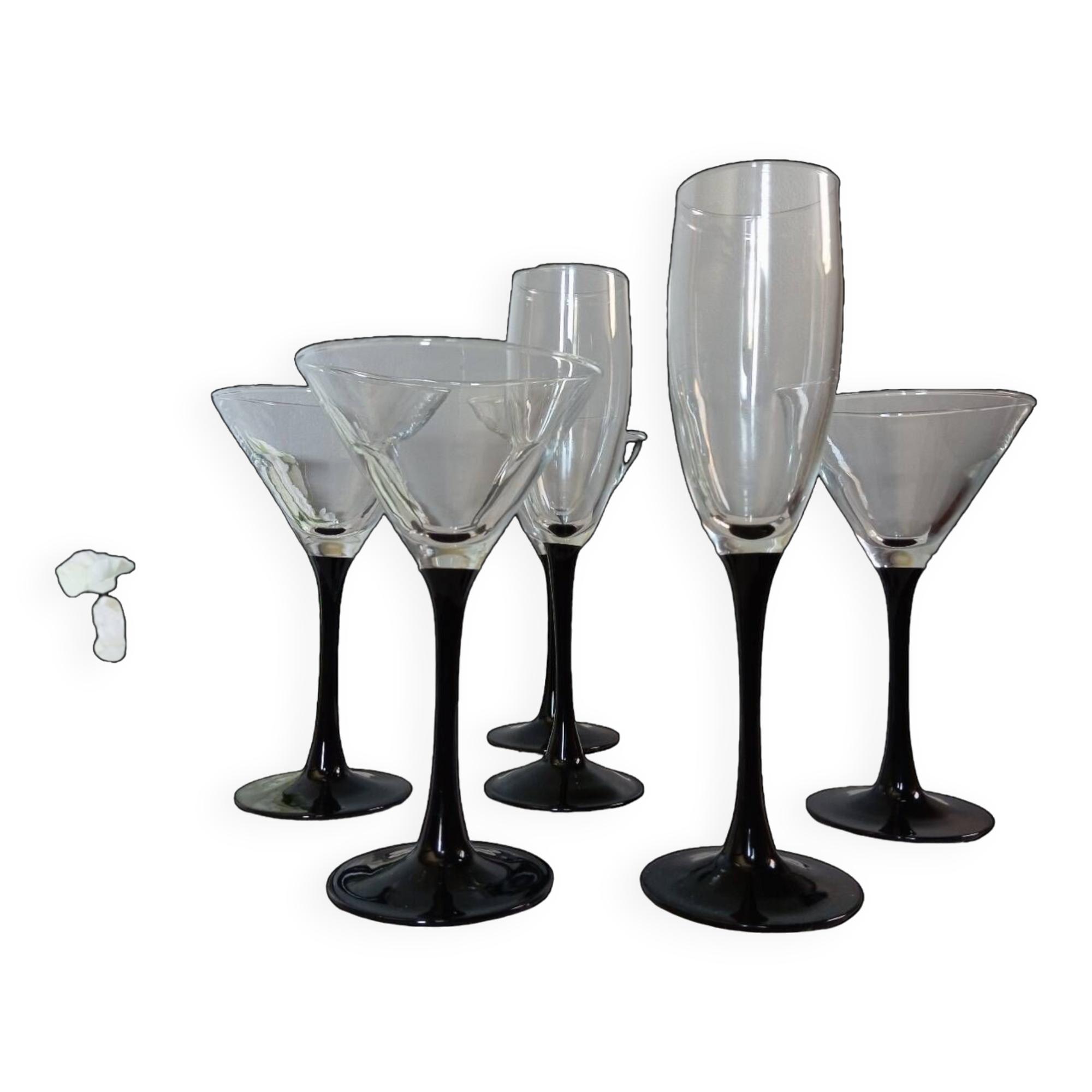 6 shiny black stemmed glasses domino collection by Luminarc, vintage 1980