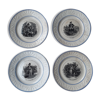 Set of 4 antique dessert plates, tierra del fuego, thematic drawings