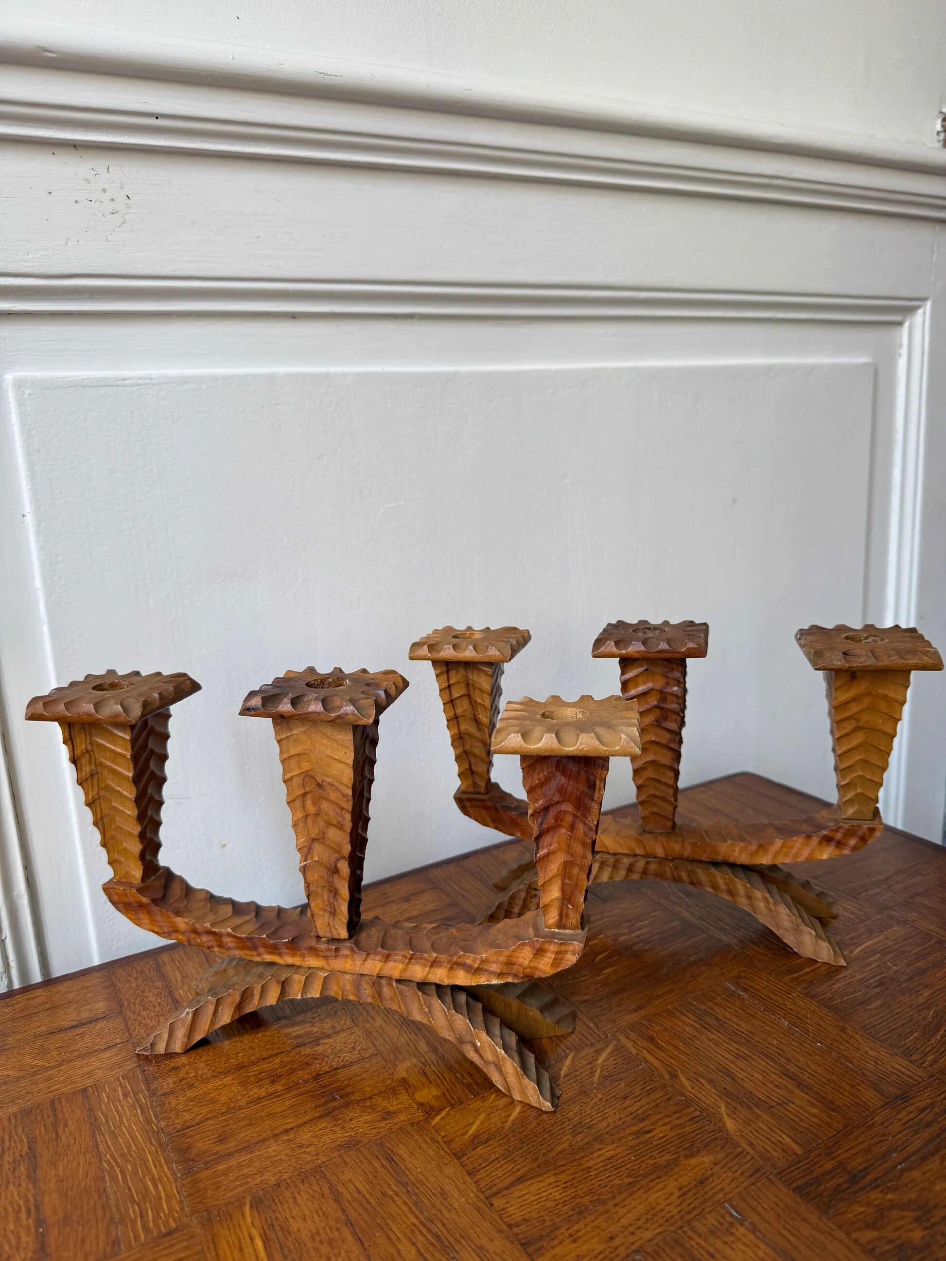 Pair of carved wooden candlesticks - 3 branches