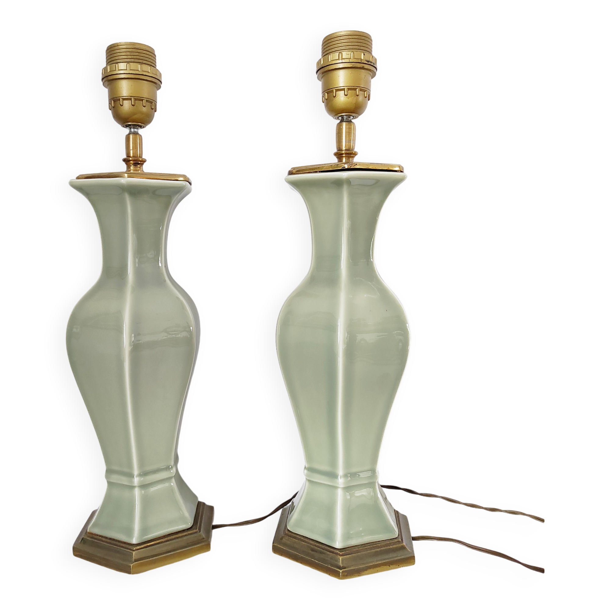 Two celadon-colored ceramic lamp bases