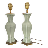 Two celadon-colored ceramic lamp bases