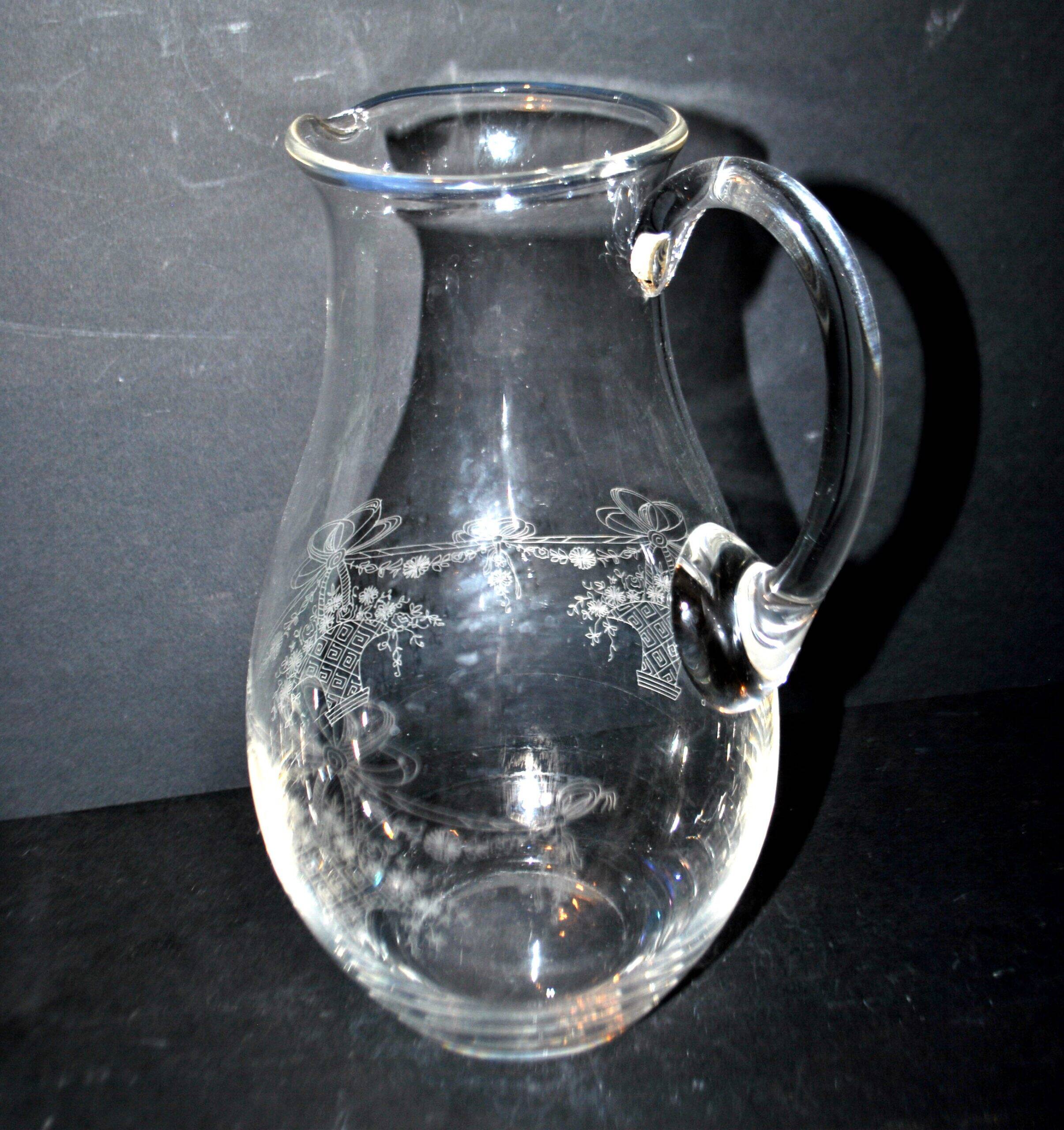 Antique Louis XVI ribbon basket carafe pitcher acid etching pantogravure