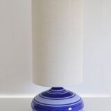 Vintage table lamp, blue ceramic striped base and plain lampshade