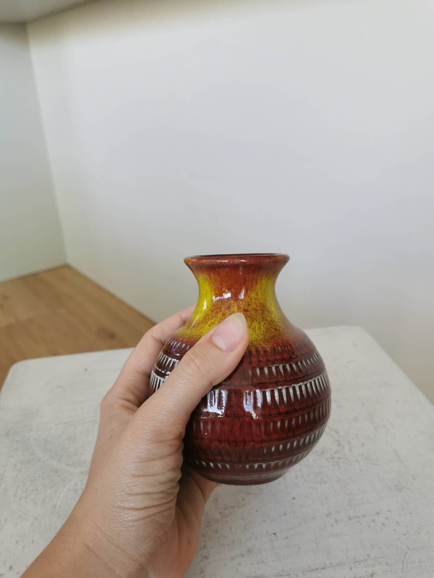Vintage Scheurich Fat Lava Vase: West German Red & Yellow Pottery