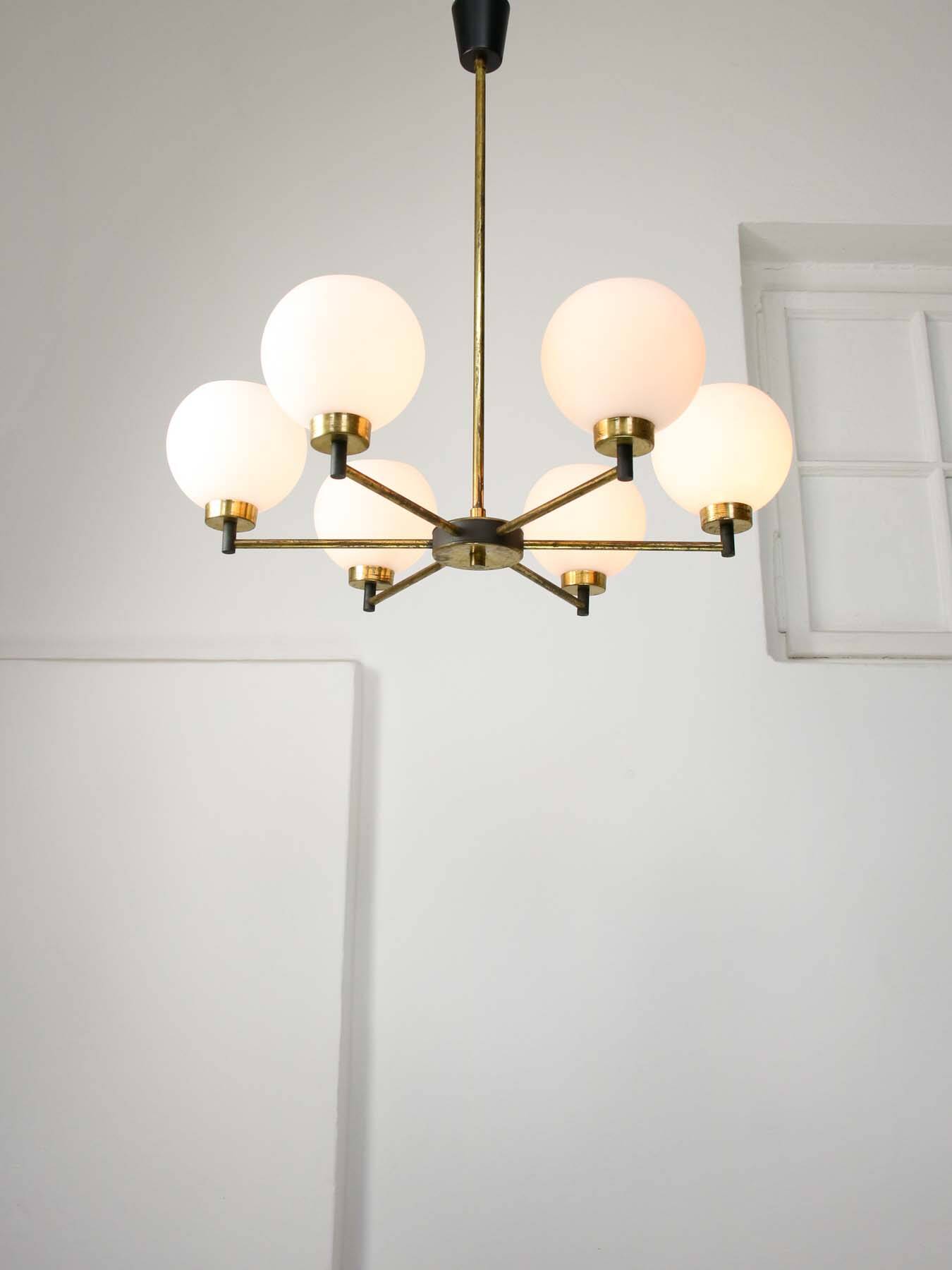 Mid-century Italian Brass and Opaline Chandelier