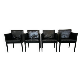 Fauteuils vintage modernistes en cuir noir par Arnold Merckx pour Arco, années 1980, lot de 4