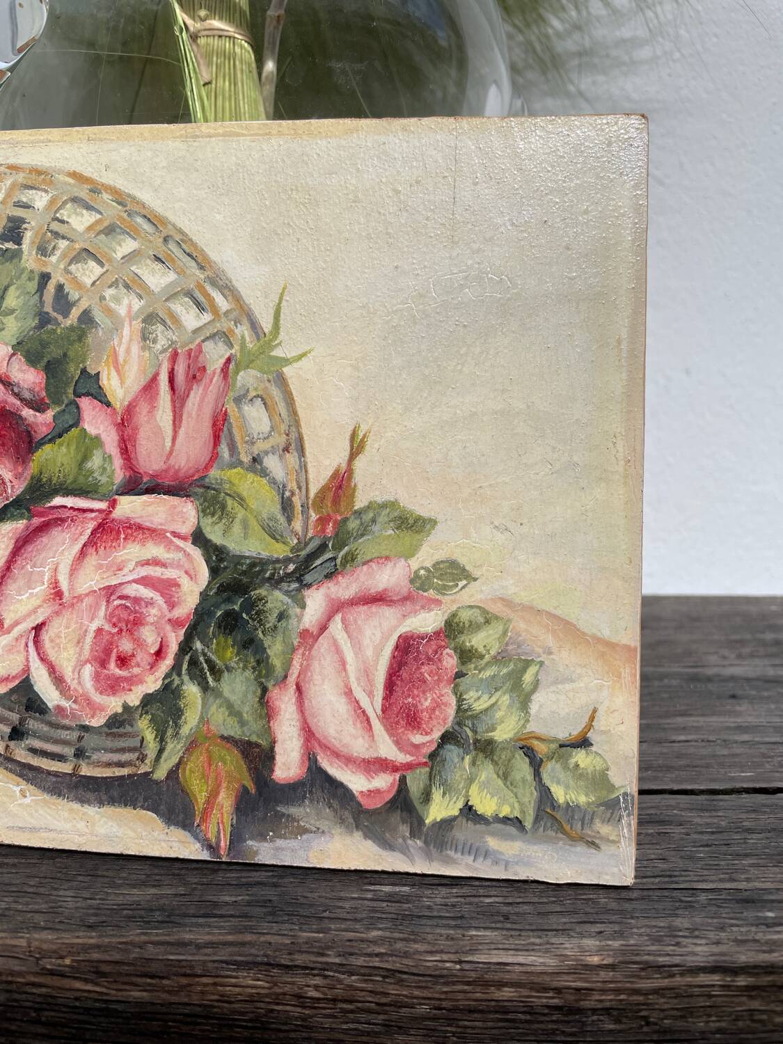 Painting basket of roses bouquet 1945 signed
