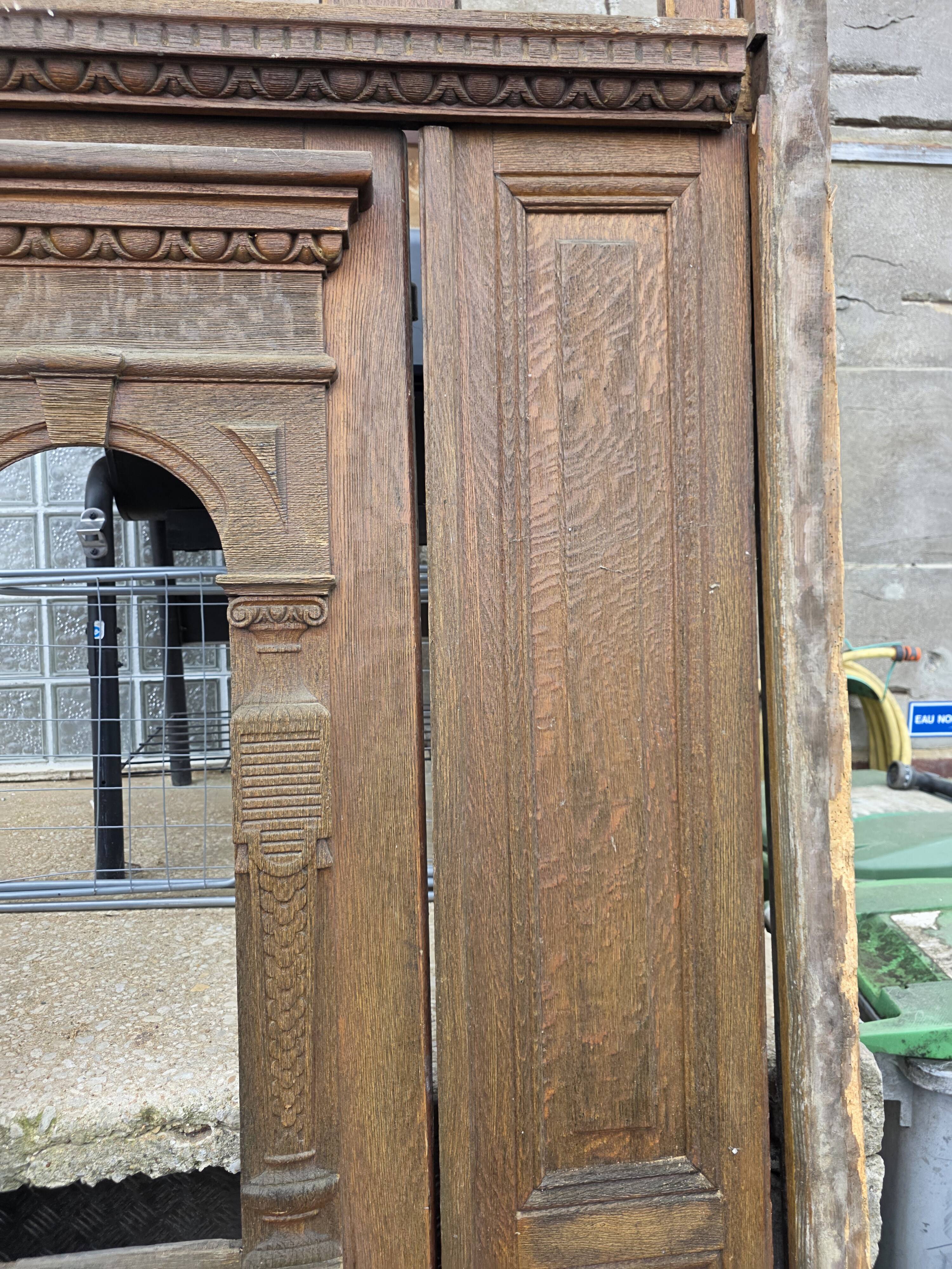 19th-century solid oak entrance door with three openings, including frame.