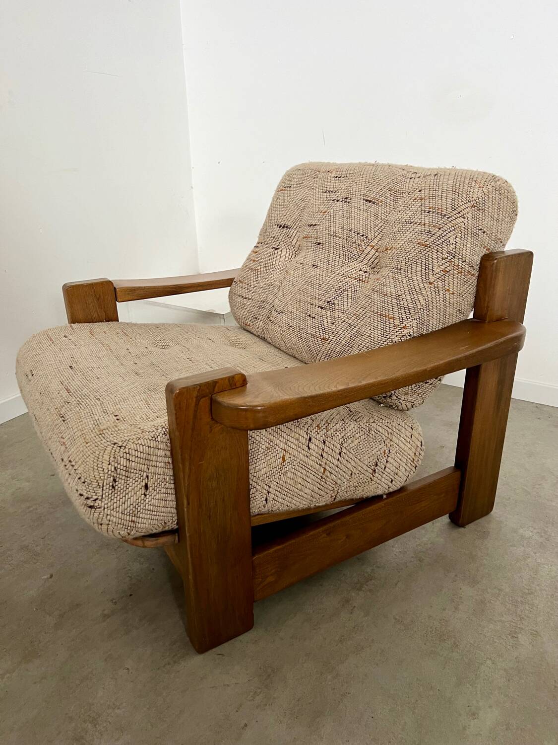 Lot of 2 solid elm armchairs, Maison Regain design, 70s vintage
