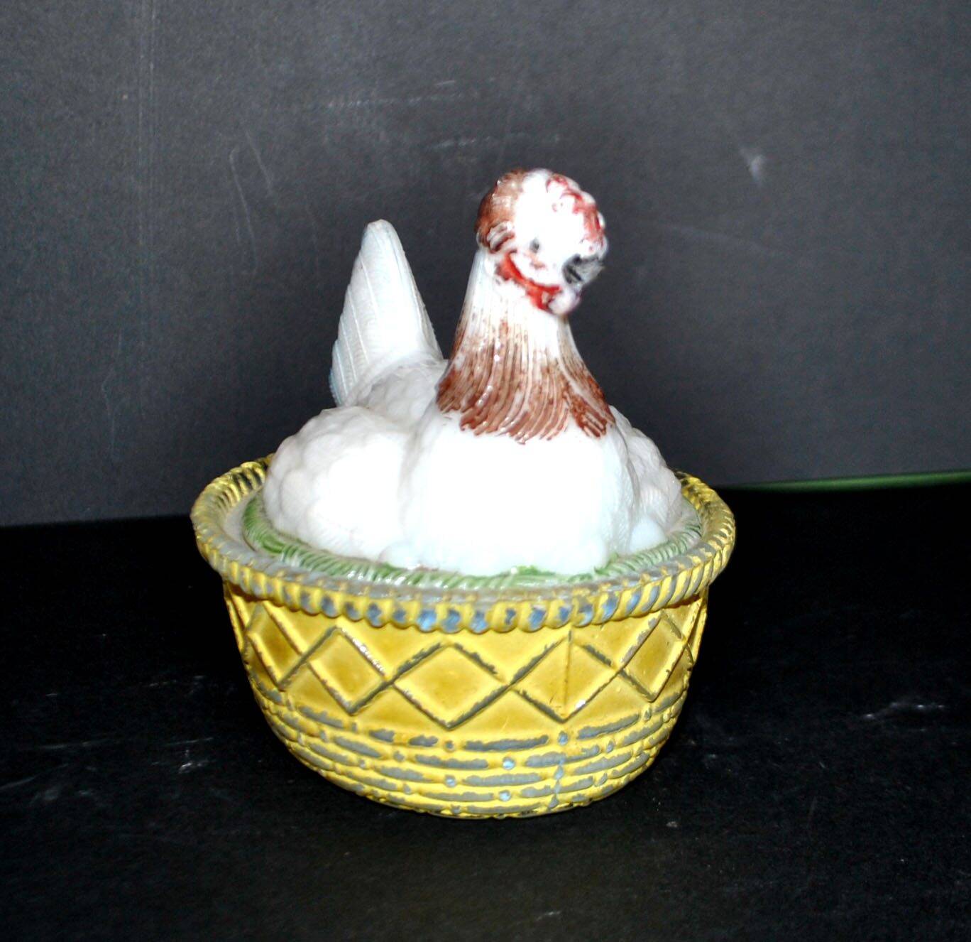 Portieux painted opaline glass hen candy box